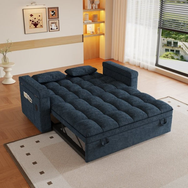 English Elm 65-Inch Velvet Folding Sofa Bed with Adjustable Backrest Storage Bag and Foam Cushioning Blue W2564S00133
