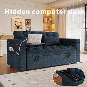 English Elm 65-Inch Velvet Folding Sofa Bed with Adjustable Backrest Storage Bag and Foam Cushioning Blue W2564S00133