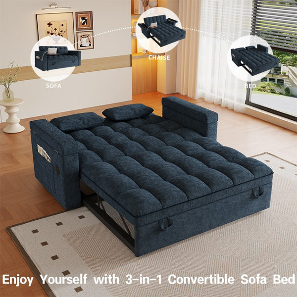 English Elm 65-Inch Velvet Folding Sofa Bed with Adjustable Backrest Storage Bag and Foam Cushioning Blue W2564S00133