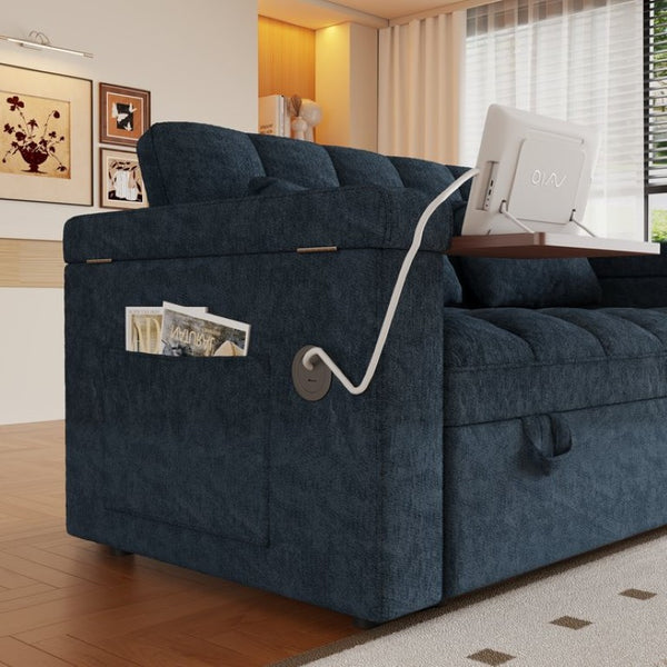 English Elm 65-Inch Velvet Folding Sofa Bed with Adjustable Backrest Storage Bag and Foam Cushioning Blue W2564S00133