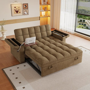 English Elm 65-Inch Velvet Folding Sofa Bed with Adjustable Backrest Storage Bag and Foam Cushioning Khaki W2564S00134