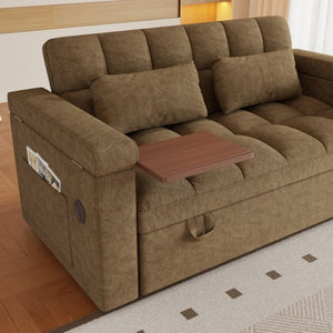 English Elm 65-Inch Velvet Folding Sofa Bed with Adjustable Backrest Storage Bag and Foam Cushioning Khaki W2564S00134