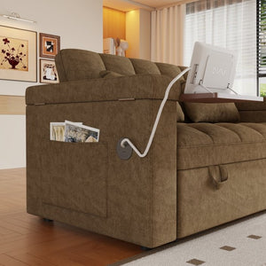English Elm 65-Inch Velvet Folding Sofa Bed with Adjustable Backrest Storage Bag and Foam Cushioning Khaki W2564S00134