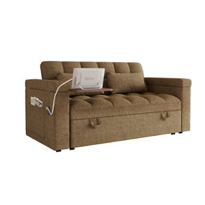 English Elm 65-Inch Velvet Folding Sofa Bed with Adjustable Backrest Storage Bag and Foam Cushioning Khaki W2564S00134