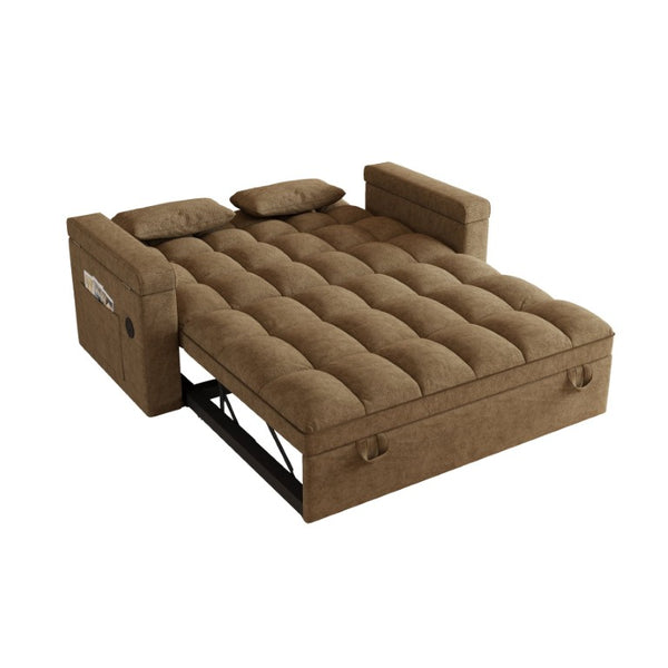 English Elm 65-Inch Velvet Folding Sofa Bed with Adjustable Backrest Storage Bag and Foam Cushioning Khaki W2564S00134