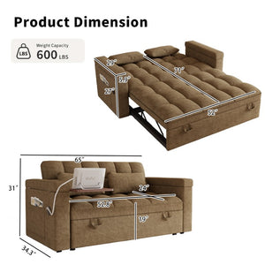 English Elm 65-Inch Velvet Folding Sofa Bed with Adjustable Backrest Storage Bag and Foam Cushioning Khaki W2564S00134