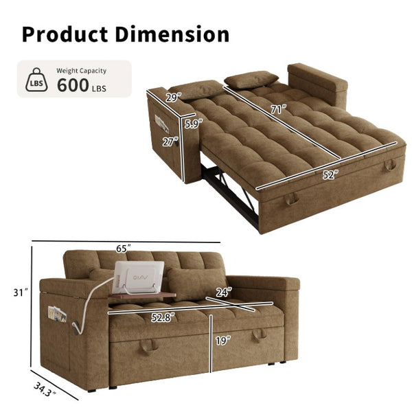 English Elm 65-Inch Velvet Folding Sofa Bed with Adjustable Backrest Storage Bag and Foam Cushioning Khaki W2564S00134
