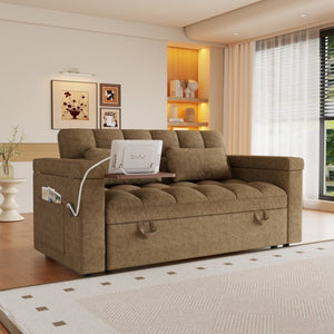 English Elm 65-Inch Velvet Folding Sofa Bed with Adjustable Backrest Storage Bag and Foam Cushioning Khaki W2564S00134