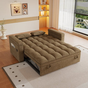 English Elm 65-Inch Velvet Folding Sofa Bed with Adjustable Backrest Storage Bag and Foam Cushioning Khaki W2564S00134