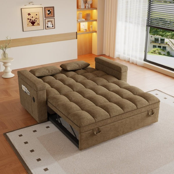 English Elm 65-Inch Velvet Folding Sofa Bed with Adjustable Backrest Storage Bag and Foam Cushioning Khaki W2564S00134