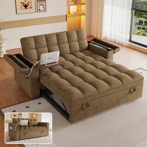 English Elm 65-Inch Velvet Folding Sofa Bed with Adjustable Backrest Storage Bag and Foam Cushioning Khaki W2564S00134