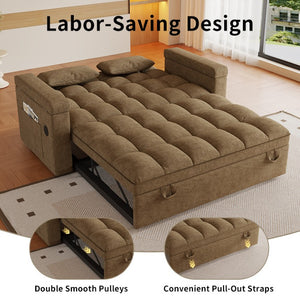 English Elm 65-Inch Velvet Folding Sofa Bed with Adjustable Backrest Storage Bag and Foam Cushioning Khaki W2564S00134