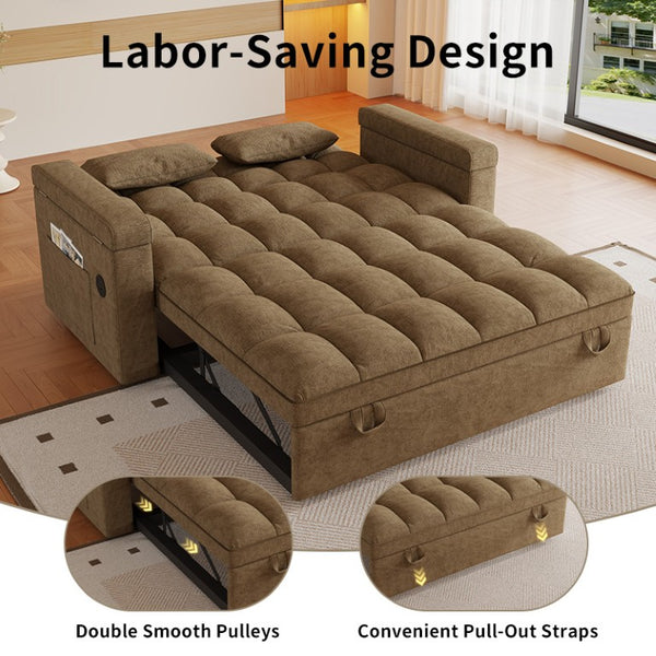 English Elm 65-Inch Velvet Folding Sofa Bed with Adjustable Backrest Storage Bag and Foam Cushioning Khaki W2564S00134