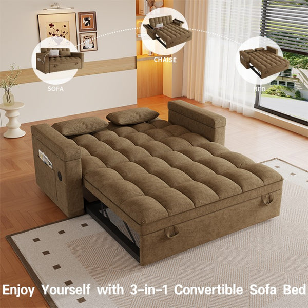English Elm 65-Inch Velvet Folding Sofa Bed with Adjustable Backrest Storage Bag and Foam Cushioning Khaki W2564S00134