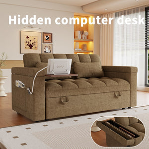 English Elm 65-Inch Velvet Folding Sofa Bed with Adjustable Backrest Storage Bag and Foam Cushioning Khaki W2564S00134