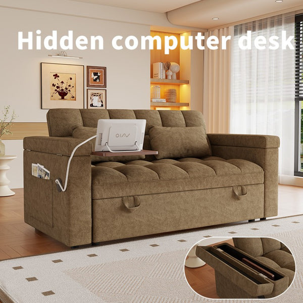English Elm 65-Inch Velvet Folding Sofa Bed with Adjustable Backrest Storage Bag and Foam Cushioning Khaki W2564S00134