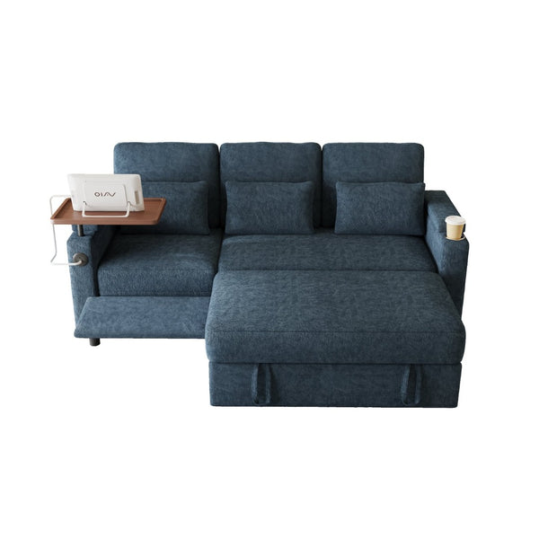 English Elm 83-inch Convertible Chenille Sleeper Sofa with Usb Ports Adjustable Recline and Storage Blue W2564S00141