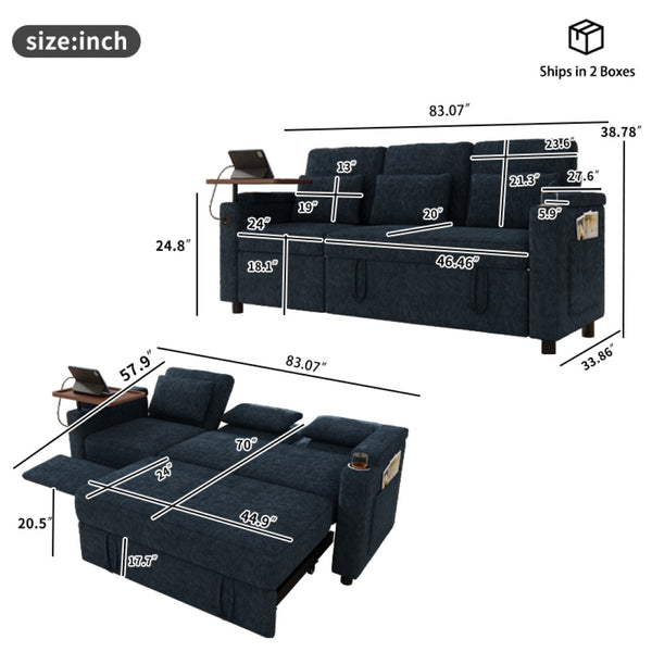 English Elm 83-inch Convertible Chenille Sleeper Sofa with Usb Ports Adjustable Recline and Storage Blue W2564S00141