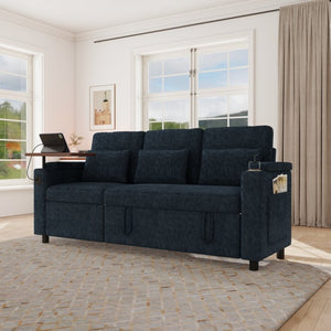 English Elm 83-inch Convertible Chenille Sleeper Sofa with Usb Ports Adjustable Recline and Storage Blue W2564S00141