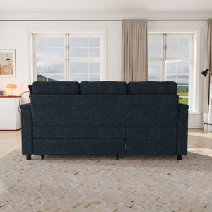 English Elm 83-inch Convertible Chenille Sleeper Sofa with Usb Ports Adjustable Recline and Storage Blue W2564S00141