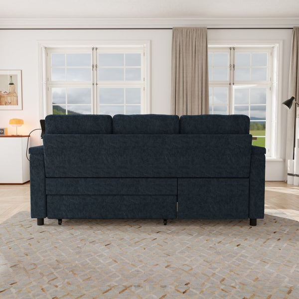 English Elm 83-inch Convertible Chenille Sleeper Sofa with Usb Ports Adjustable Recline and Storage Blue W2564S00141