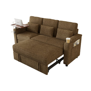 English Elm 83-inch Convertible Chenille Sleeper Sofa with Usb Ports Adjustable Recline and Storage Khaki W2564S00142