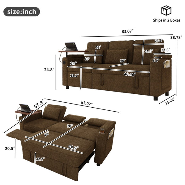 English Elm 83-inch Convertible Chenille Sleeper Sofa with Usb Ports Adjustable Recline and Storage Khaki W2564S00142
