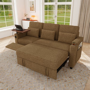 English Elm 83-inch Convertible Chenille Sleeper Sofa with Usb Ports Adjustable Recline and Storage Khaki W2564S00142