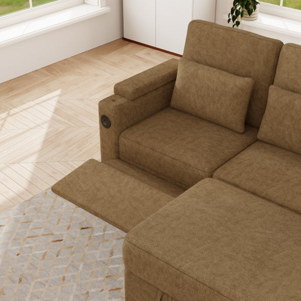 English Elm 83-inch Convertible Chenille Sleeper Sofa with Usb Ports Adjustable Recline and Storage Khaki W2564S00142