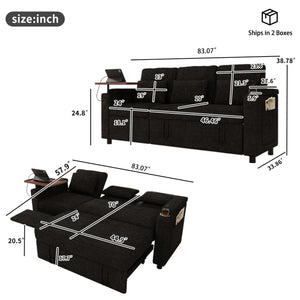 English Elm 83-inch Convertible Chenille Sleeper Sofa with Usb Ports Adjustable Recline and Storage Black W2564S00144