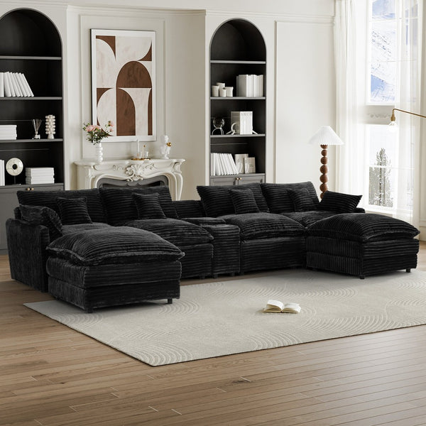 English Elm 141-inch U-shaped Sectional Sofa Set Woolen Upholstery with Console and Pillows Black W2564S00145