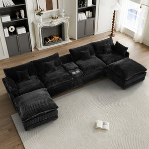 English Elm 141-inch U-shaped Sectional Sofa Set Woolen Upholstery with Console and Pillows Black W2564S00145