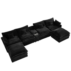 English Elm 141-inch U-shaped Sectional Sofa Set Woolen Upholstery with Console and Pillows Black W2564S00145