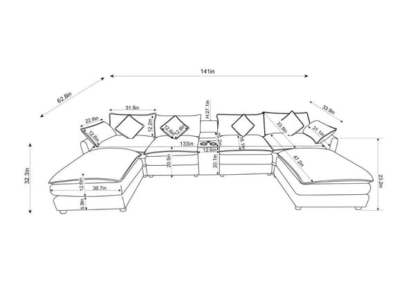 English Elm 141-inch U-shaped Sectional Sofa Set Woolen Upholstery with Console and Pillows Green W2564S00146