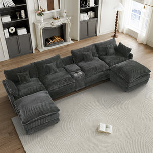 English Elm 141-inch U-shaped Sectional Sofa Set Woolen Upholstery with Console and Pillows Light Gray W2564S00147