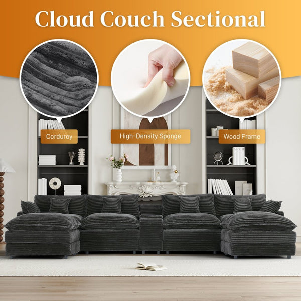 English Elm 141-inch U-shaped Sectional Sofa Set Woolen Upholstery with Console and Pillows Light Gray W2564S00147