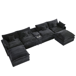 English Elm 141-inch U-shaped Sectional Sofa Set Woolen Upholstery with Console and Pillows Light Gray W2564S00147