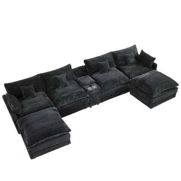 English Elm 141-inch U-shaped Sectional Sofa Set Woolen Upholstery with Console and Pillows Light Gray W2564S00147