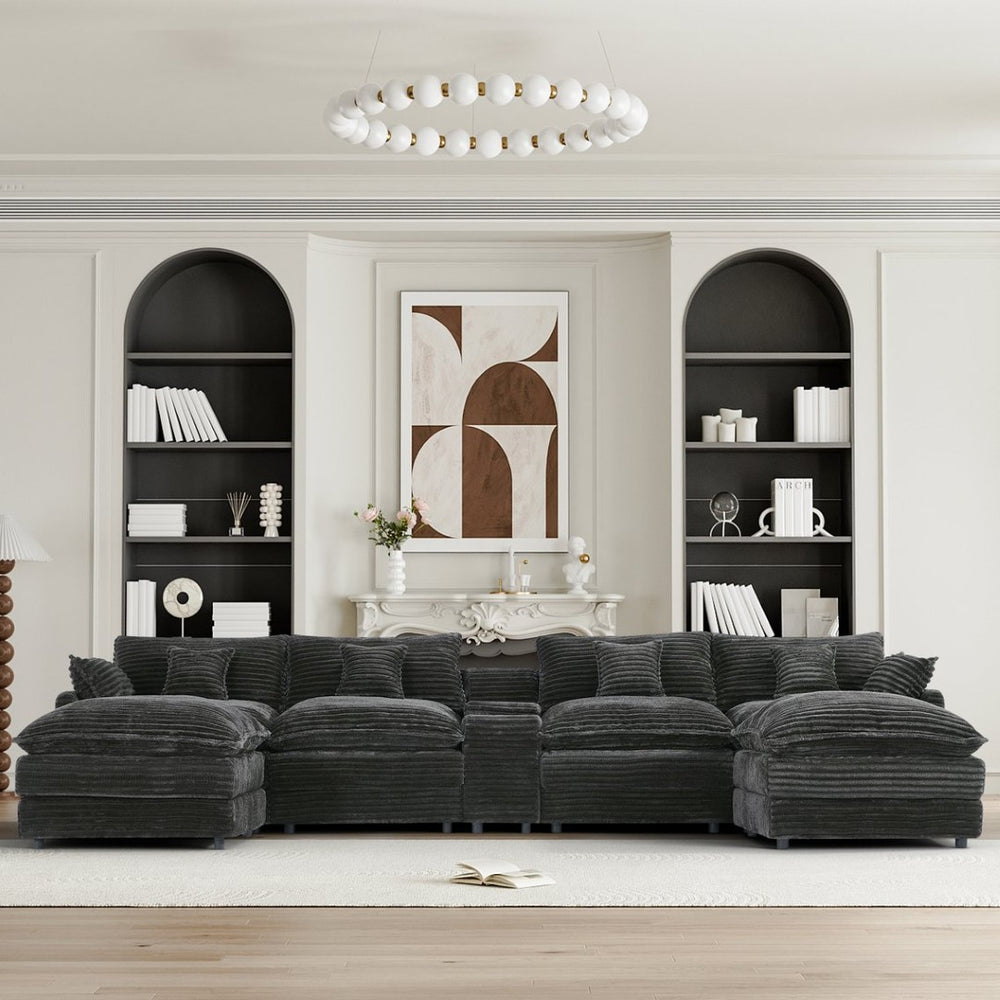 English Elm 141-inch U-shaped Sectional Sofa Set Woolen Upholstery with Console and Pillows Light Gray W2564S00147