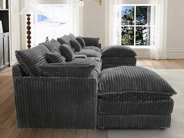 English Elm 141-inch U-shaped Sectional Sofa Set Woolen Upholstery with Console and Pillows Light Gray W2564S00147