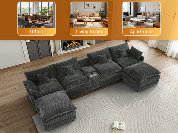 English Elm 141-inch U-shaped Sectional Sofa Set Woolen Upholstery with Console and Pillows Light Gray W2564S00147