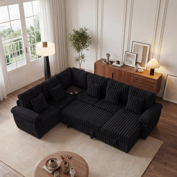 English Elm 103-inch Corduroy U-shaped Sectional Sofa with Sleeper Pull-out and Corner Table W2564S00150