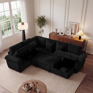 English Elm 103-inch Corduroy U-shaped Sectional Sofa with Sleeper Pull-out and Corner Table W2564S00150