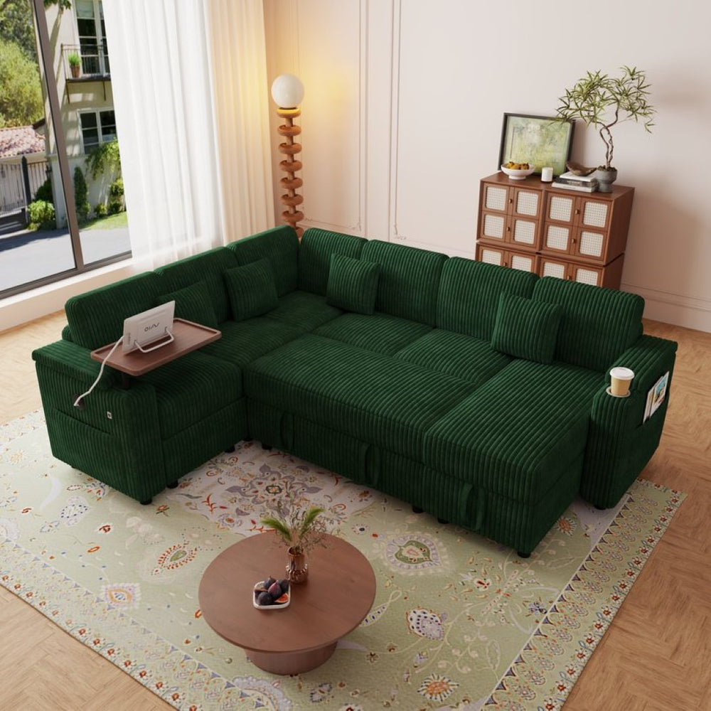 English Elm 100-inch Corduroy U-shaped Sectional Sleeper Sofa with Storage and Usb Charging W2564S00152