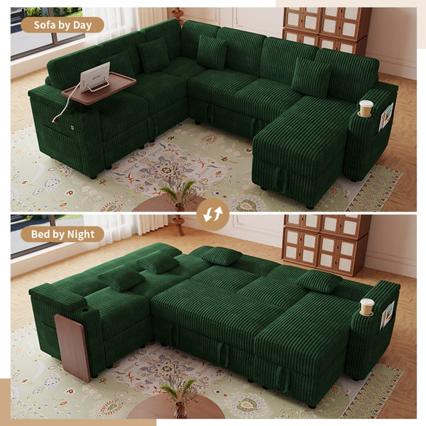 English Elm 100-inch Corduroy U-shaped Sectional Sleeper Sofa with Storage and Usb Charging W2564S00152