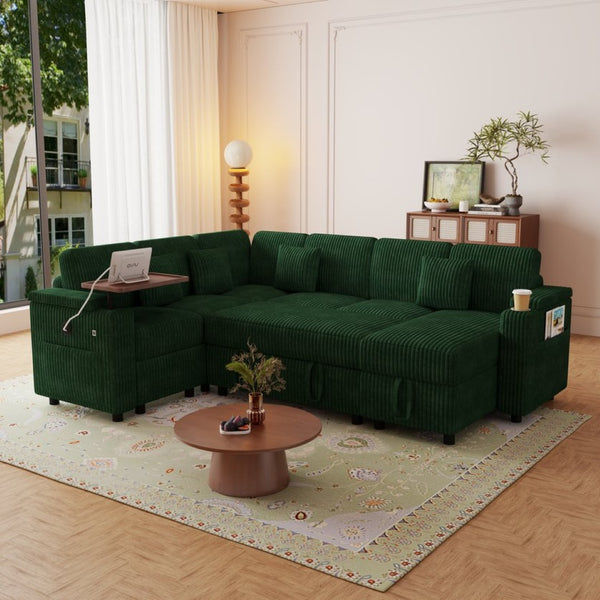 English Elm 100-inch Corduroy U-shaped Sectional Sleeper Sofa with Storage and Usb Charging W2564S00152