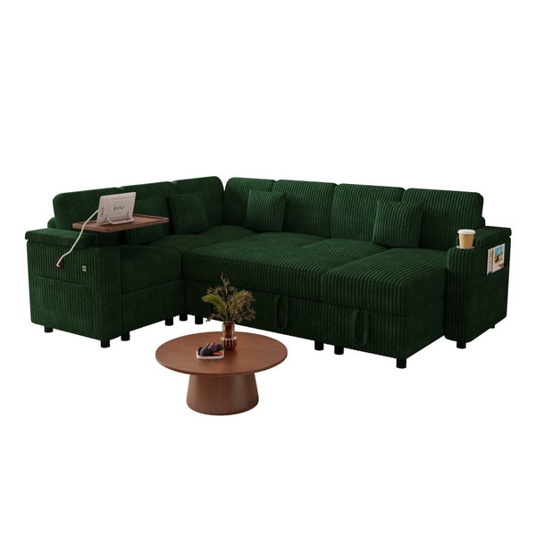English Elm 100-inch Corduroy U-shaped Sectional Sleeper Sofa with Storage and Usb Charging W2564S00152