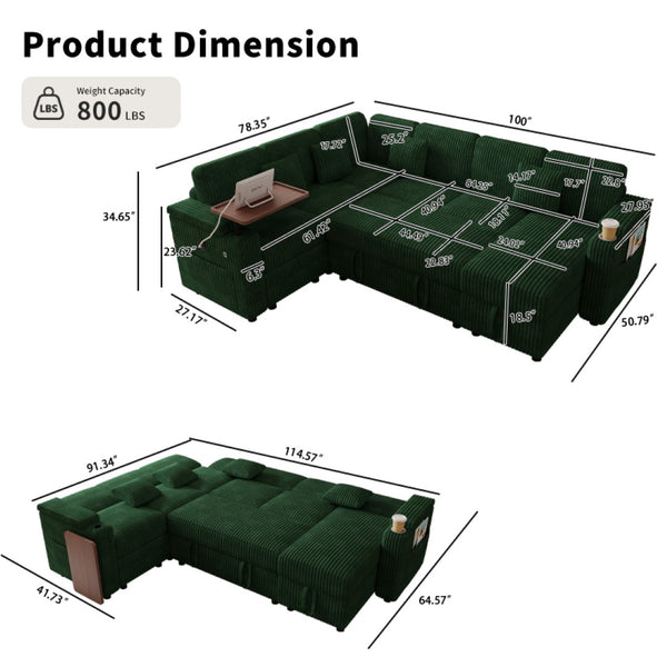 English Elm 100-inch Corduroy U-shaped Sectional Sleeper Sofa with Storage and Usb Charging W2564S00152