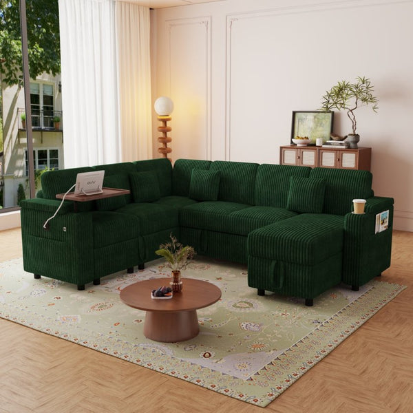 English Elm 100-inch Corduroy U-shaped Sectional Sleeper Sofa with Storage and Usb Charging W2564S00152