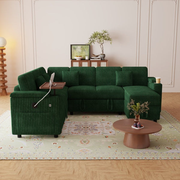 English Elm 100-inch Corduroy U-shaped Sectional Sleeper Sofa with Storage and Usb Charging W2564S00152